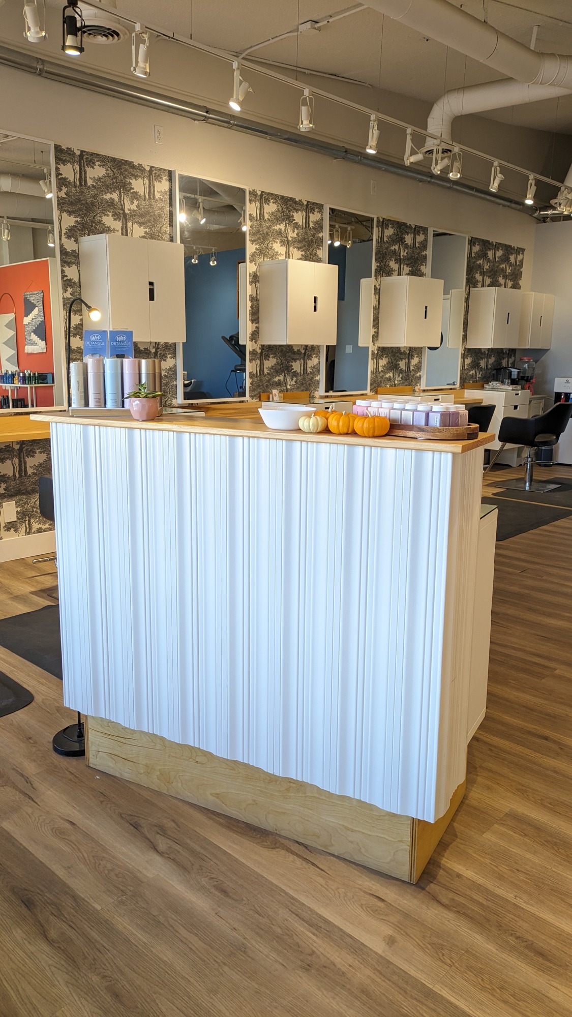 Reception desk and styling stations inside the salon